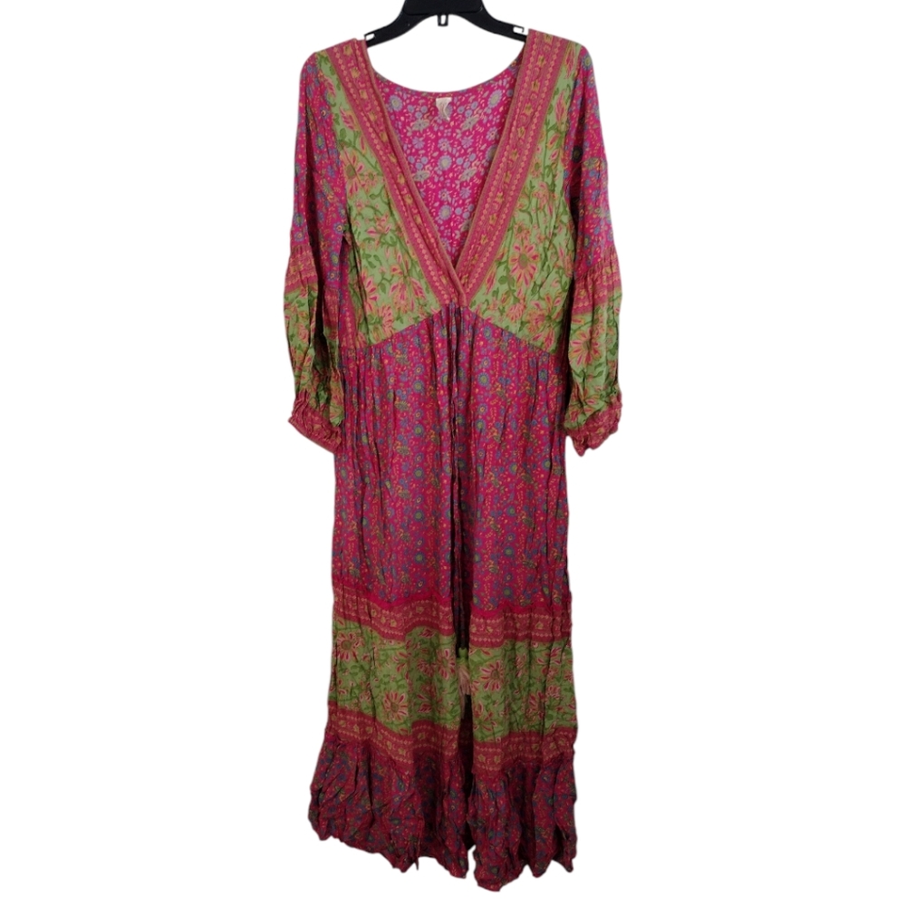 Raga Anthropologie pink green mixed multi color pattern maxi boho dress Small
